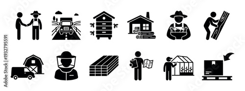 Black glyph icon set representing farming, agriculture, and various rural business activities like beekeeping, logging, and logistics, a collection of simple pictograms isolated on white