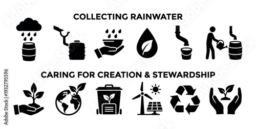Set of black environmental icons for rainwater harvesting and stewardship, showing conservation, recycling, and renewable energy concepts in a simple vector glyph style isolated on white