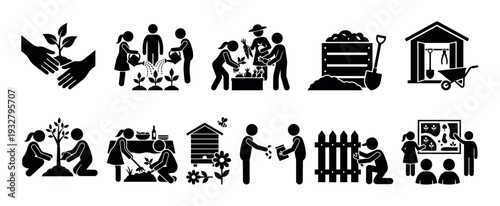 Set of black stick figure icons showing community gardening activities like planting, watering, harvesting, and beekeeping, a simple vector pictogram collection isolated on white