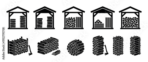 Black firewood and woodshed icon set collection showing various stacks of logs and chopped wood for heating, presented in a simple silhouette graphic style isolated on white