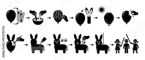 Black and white infographic instruction set showing the DIY process of making a rabbit piñata from a balloon and papier-mâché for a children's party, isolated on white