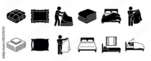 Set of black bedding and sleeping icons showing folded blankets, pillows, beds, and stick figures making the bed and sleeping, isolated on a white background