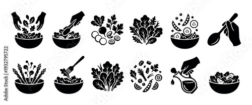 Black silhouette salad preparation and ingredients icons set showing hands mixing bowls, pouring dressing, and fresh vegetables for healthy vegetarian cooking, isolated on white