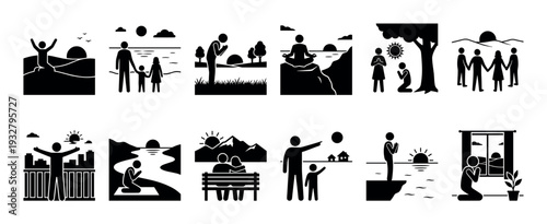Black silhouette stick figure icon set depicting people praying, meditating, and showing gratitude in various nature and family scenes, isolated on a white background