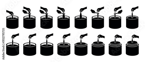 Instructional icon set showing the process of making a candle in a container, a step-by-step guide with hands placing a wick and adding layers of wax, isolated on a white background