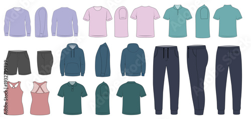 Colorful men apparel collection with casual and sport garment templates. Flat clothing set including shirts, hoodies, pants, and tops. Modern vector illustration for fashion catalog and retail brandin