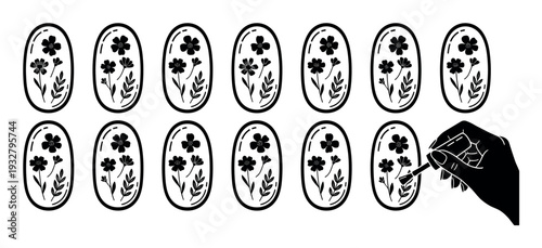Black floral nail art design examples on nail tips with a hand applying the pattern with a brush, a minimalist vector illustration isolated on a white background