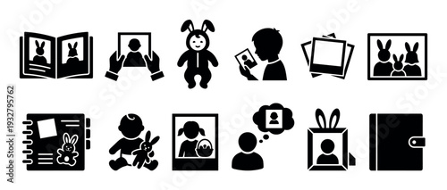 Set of black glyph icons representing childhood memories, family photos, and albums, featuring people and bunnies in various poses and frames, isolated on a white background