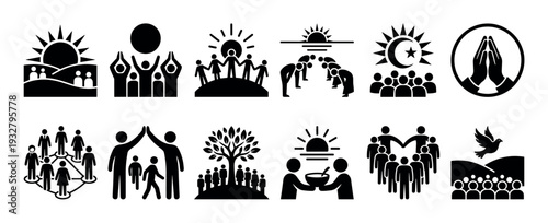 Set of black community and religion icons representing unity, peace, prayer, and social togetherness in a minimalist pictogram style, isolated on a white background
