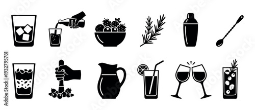 Set of black cocktail making icons showing bartending tools, drinks, and ingredients like berries and herbs, presented in a minimalist glyph style isolated on white