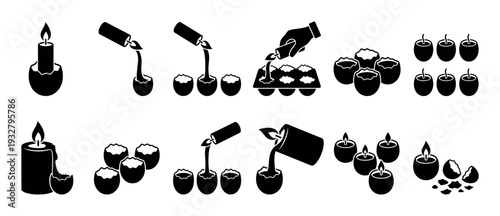 Set of black silhouette icons showing the process of making handmade candles in eggshells, a step-by-step DIY crafting guide for Easter decoration isolated on a white background