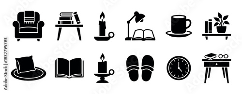 Set of black silhouette icons representing cozy home elements for relaxation and reading, including an armchair, books, candle, lamp, and slippers, isolated on a white background