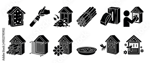 Insect hotel and bee house construction icons showing building, filling, and maintenance steps for garden biodiversity and pollinator conservation, isolated on a white background