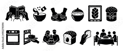 Black and white glyph icon set showing the process of baking bread at home, from reading a recipe and kneading dough to sharing the loaf with family, isolated on white