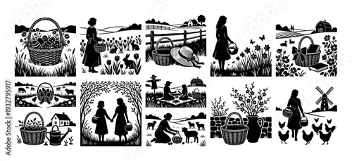 Collection of black and white linocut style illustrations depicting pastoral farm life with women, baskets, Easter eggs, animals, and countryside scenes isolated on white