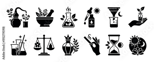 Collection of black alchemy and herbalism icons featuring a mortar, pestle, flasks, potions, scales, and esoteric symbols for magic and natural medicine, isolated on white