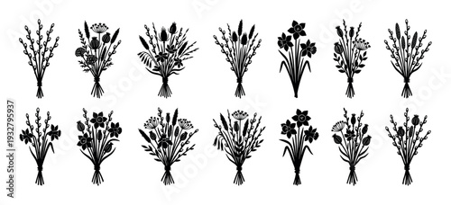 Black silhouette spring flower bouquets collection with pussy willow, daffodil, poppy heads, and wheat ears in a rustic folk art style, isolated on a white background