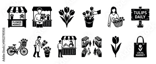 Black and white flower market icon set showing vendors, customers, stalls, and tulips in a simple glyph style for local business concepts, isolated on a white background