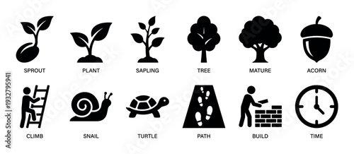 Collection of black glyph icons representing growth, patience, and progress, including a tree life cycle, snail, turtle, and building symbols, isolated on a white background