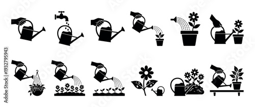 Set of black gardening silhouette icons showing a hand with a watering can caring for various plants, flowers, and seedlings in pots and beds, isolated on a white background
