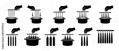 Candle making step-by-step instruction icon set showing the traditional dipping method with a hand, wicks, and a pot of wax, a black pictogram guide isolated on white background