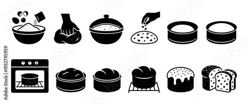 Black and white bread baking process icons showing steps from mixing ingredients and kneading dough to baking in an oven and decorating the final loaf, isolated on white background