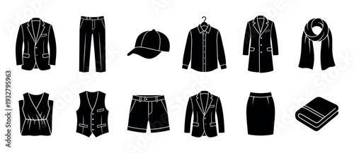 Black and white clothing icon set collection with various men's and women's garments like jackets, shirts, pants, and accessories in a simple glyph style isolated on white