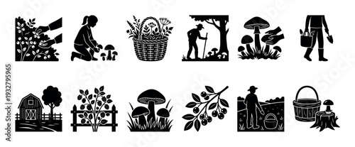 Black silhouette icon set of foraging activities like picking mushrooms, gathering berries, and farming, presented in a simple stencil style isolated on a white background