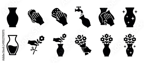 Vase care and flower arrangement icon set showing cleaning, filling, trimming, and arranging steps in a simple black glyph style, isolated on a white background for easy use