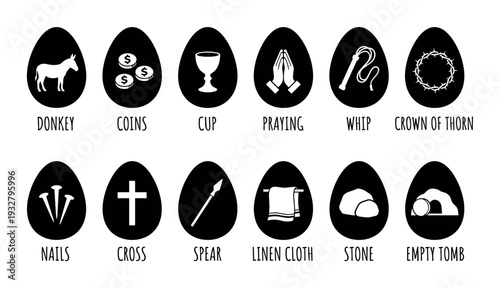 Twelve black Easter egg icons with symbols of the Passion of Christ arranged in a set, a minimalist black and white graphic illustration for Holy Week isolated on a white background