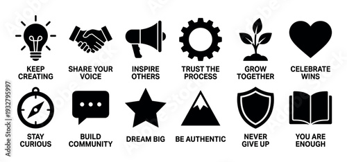 Twelve black silhouette motivational icons with inspiring phrases are neatly arranged on a clean white background, representing various positive concepts like creativity, teamwork, and personal growth