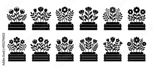 Set of black flower silhouettes in wooden planter boxes with various stylized floral designs and leaves, a graphic vector illustration collection isolated on a white background