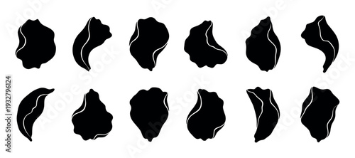 Set of twelve black abstract organic shapes with white highlights arranged in a grid, creating a modern minimalist graphic design element isolated on a white background