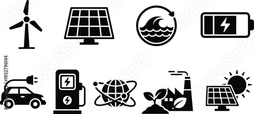 Renewable Energy and Clean Technology Black Icons Set with Wind Turbine, Solar Panel, EV Car and Battery
