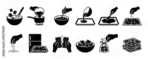 Black and white instructional icons showing the step-by-step process for making homemade chocolate, from melting and molding to packaging, a simple vector guide isolated on white