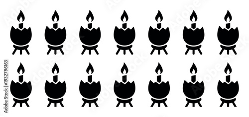 Black silhouette icons of a burning candle inside a cracked eggshell on a stand, arranged in a seamless repeating pattern isolated on a white background