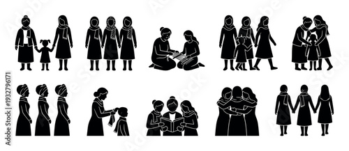 Set of black silhouettes showing women and girls in traditional clothing, depicting family, friendship, and community activities like reading, weaving, and hugging, isolated on a white background