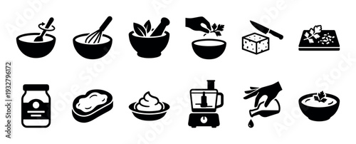 Black food preparation and cooking glyph icons showing sauce making, mixing, chopping, and grinding ingredients in a minimalist vector style set on a white background
