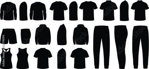 Black men clothing silhouette set isolated on white background. Collection of casual and activewear garment templates for fashion design. Flat vector illustration ideal for catalog, branding, and reta