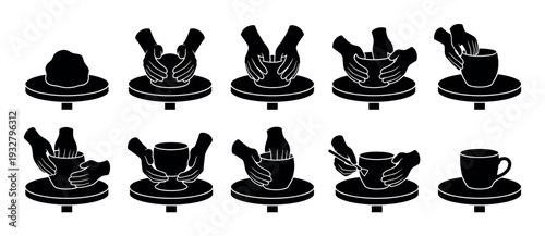 Pottery making process icons set showing hands shaping clay on a wheel to create a mug, a step-by-step black silhouette vector illustration isolated on a white background