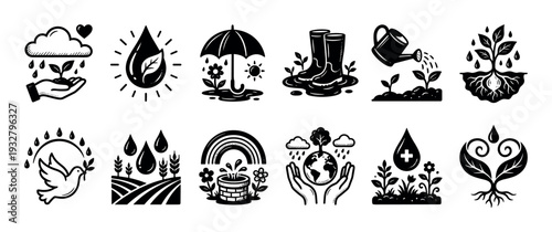 Collection of black and white icons representing water, nature, and ecology concepts, including rain, plants, growth, and conservation, presented in a simple glyph style on a white background
