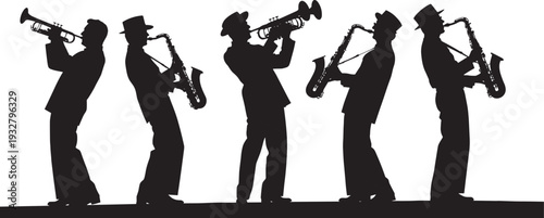 Jazz musicians silhouettes playing trumpet and saxophone, live music band performance vector illustration