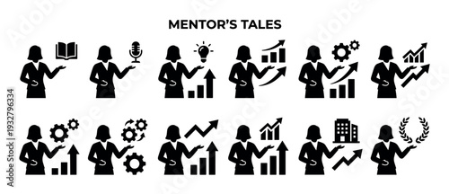 Collection of black silhouette business mentor icons on a clean white background, depicting concepts of learning, communication, innovation, growth, strategy, and achievement