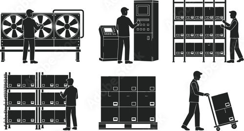 Industrial warehouse workers silhouette vector, logistics storage equipment maintenance and inventory management illustration design