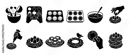 Set of black glyph icons showing the process of baking Easter nest desserts with candy eggs, from mixing ingredients to final decoration, isolated on a white background
