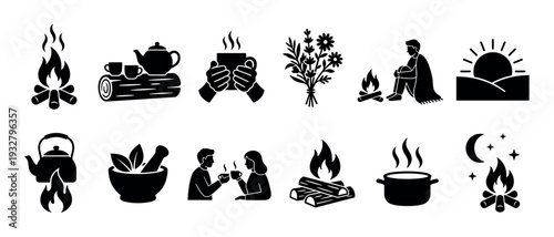 Set of black glyph icons for camping and hygge concepts, featuring a bonfire, herbal tea, nature elements, and people relaxing in a cozy atmosphere, isolated on white