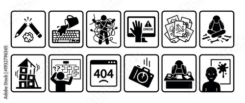 Collection of twelve minimalist black icons representing work problems, technical errors, creative blocks, and stress, presented as a vector pictogram set on a white background