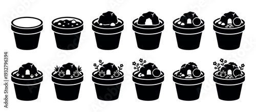Set of black icons showing the process of creating a miniature fairy garden in a pot, a step-by-step DIY terrarium instruction guide in a minimalist silhouette style isolated on white