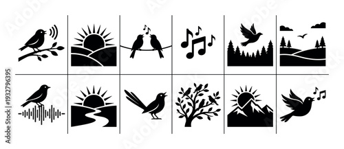Set of twelve black bird and nature icons featuring singing birds, sunrises, mountains, and forests in a minimalist silhouette style isolated on a white background