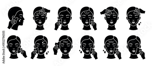 Gua sha facial massage instruction icons set showing a woman using a stone scraper for a beauty routine with black silhouette glyphs illustrating lymphatic drainage and lifting techniques